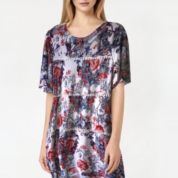 Egy California Floral Lace Detail Short Sleeve Shift Midi Dress Medium - Picture 3 of 10